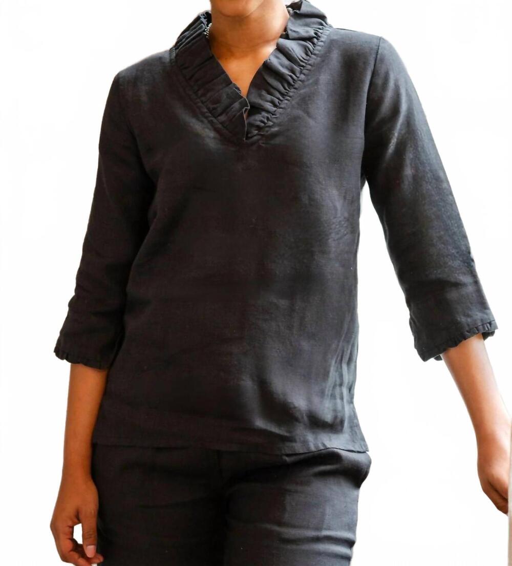 NEW CROWN LINEN charleston ruffle linen top in black